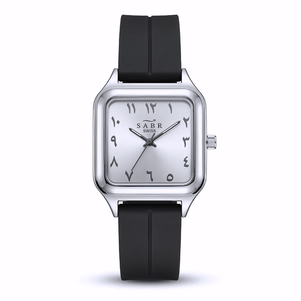 Silicone strap SABR watch with a square case and Arabic numerals