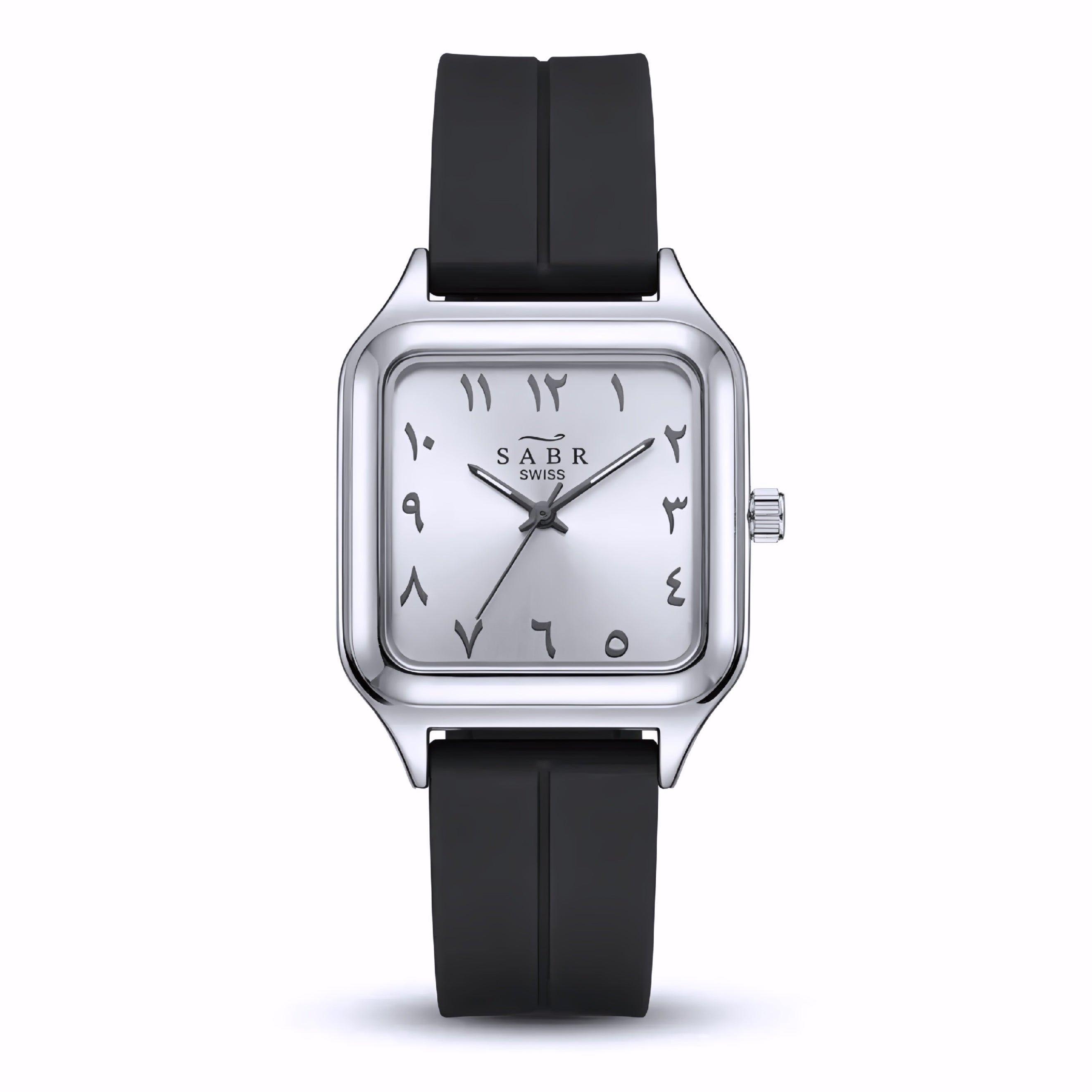 Silicone strap SABR watch with a square case and Arabic numerals